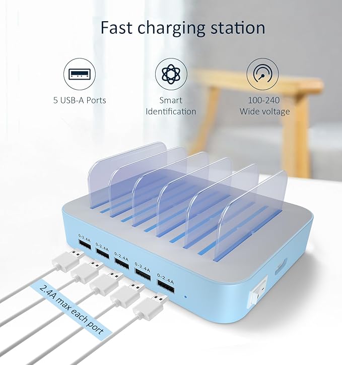 Charging Station for Multiple Devices, 5 Port USB-A Charging Station with 7 Short Mixed Cables, Designed for iPhone iPad Cell Phone Tablets and Other Electronics, Blue