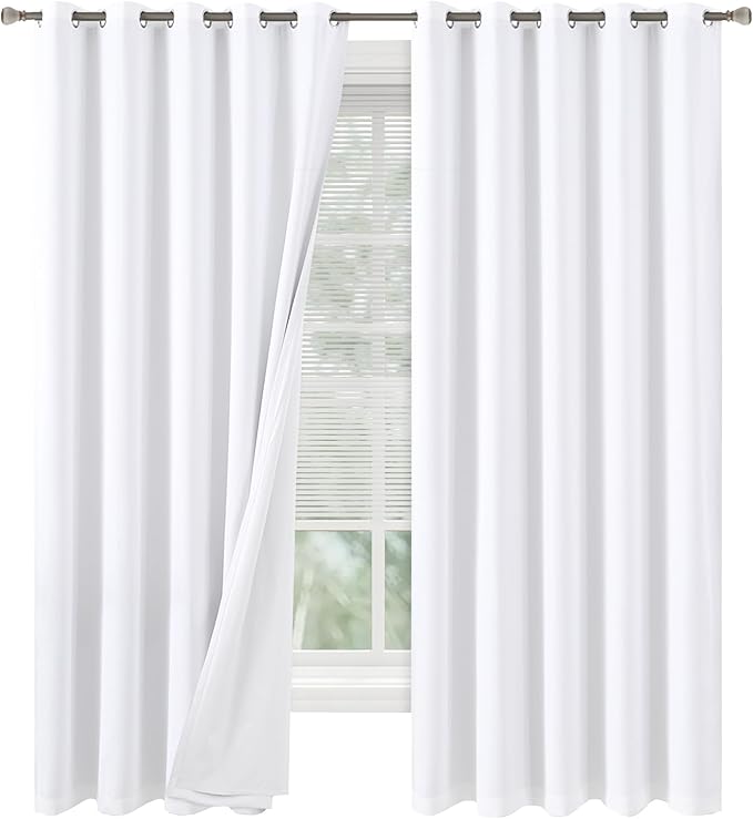 Wide Blackout Curtains for Bedroom 84 Inch Length 2 Panels with White Liner, Thermal Insulated Light Blocking Soundproof Window Curtains for Living Room, Each 60 Inch Wide, White