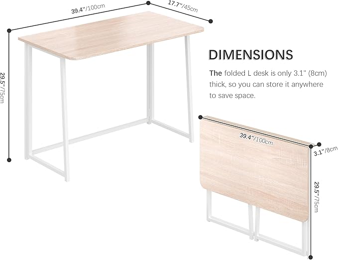 4NM 39.4" Small Folding Desk, Simple Assembly Computer Desk Home Office Desk Study Writing Table for Small Space Offices - Natural and White