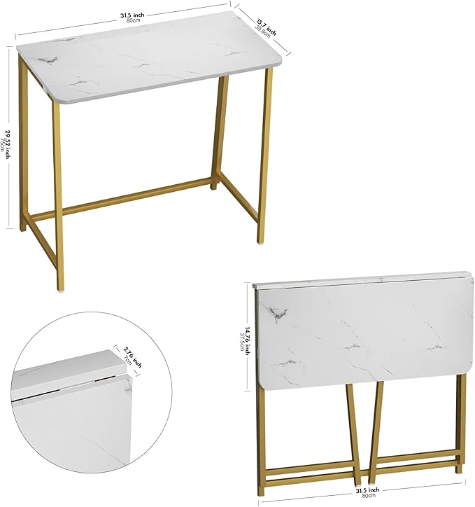 WOHOMO White Marble Folding Desk, 31.5" Small Desk for Small Spaces with Gold Legs, Easy Assemble Foldable Computer Desk, Mini Portable Working Table for Home Office, White and Gold