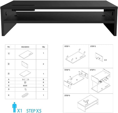 BONTEC Wood Monitor Stand Riser, 2 Tiers with Storage Organizer, Desktop Ergonomic Cellphone Holder and Cable Management, 21.3 Inch Shelf, Black