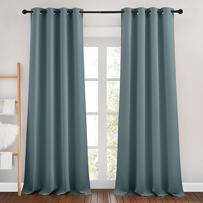 NICETOWN Greyish Blue Room Darkening Curtains 90 inch Length - Chic Grommet Thermal Insulated Blackout Window Treatments Sound Proof Drapes for Bedroom/Living Room (2 Panels, W46 x L90)