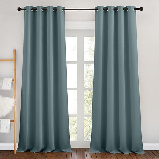 NICETOWN Greyish Blue Room Darkening Curtains 90 inch Length - Chic Grommet Thermal Insulated Blackout Window Treatments Sound Proof Drapes for Bedroom/Living Room (2 Panels, W46 x L90)