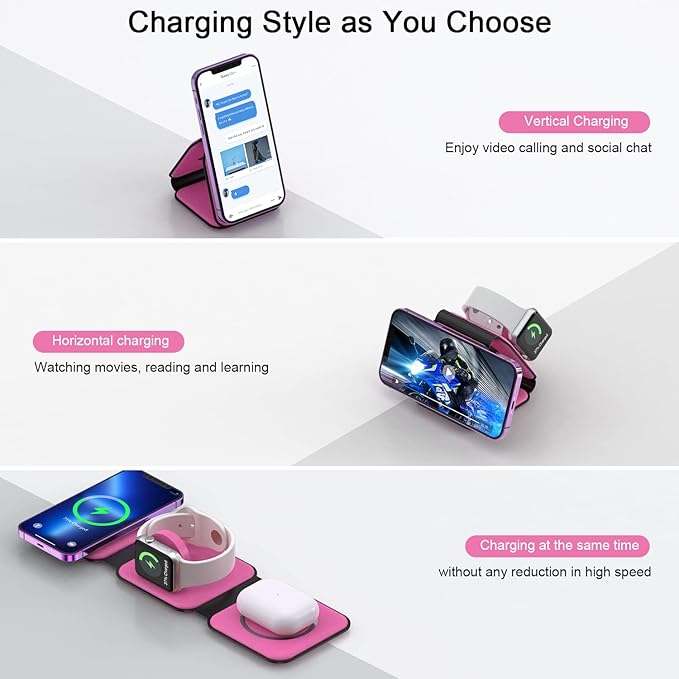 Wireless Charger 3 in 1,RTOPS Magnetic Travel Wireless Charging Station Multple Devices,GaN 3 in 1 Charging Station,Compatible for iPhone16/15/14/13/Pro/Max,iWatch,AirPods4/3/2/Pro(Adapter Includes)