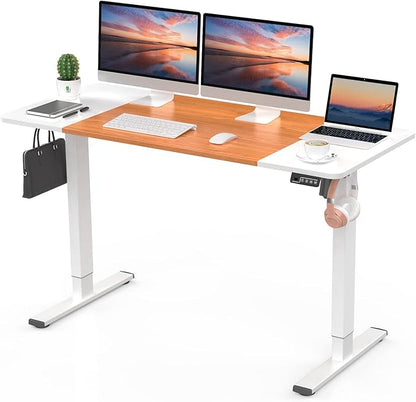 Electric Standing Desk, 55" x 23.6" Height Adjustable Sit Stand Desk with Splice Board for Home Office, Computer Desk Memory Preset (White Frame, White & Cherry Desktop)