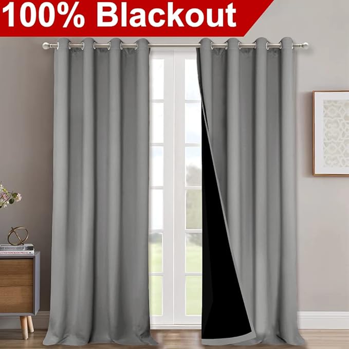 NICETOWN Full Shading Curtains 90 inches Long 2 Panels Set for Windows, Super Heavy-Duty Black Lined Blackout Curtains for Bedroom, Privacy Assured Window Treatment (Silver Grey, 52 inches W)