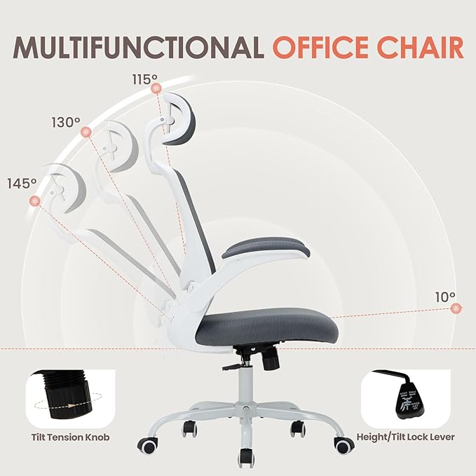 Ergonomic Mesh Office Chair, High Back Executive Desk Chair with Adjustable Headrest and Lumbar Support, Flip-Up Arms, Rocking, Swivel Rolling Computer Mesh Chair for Home Office-Grey