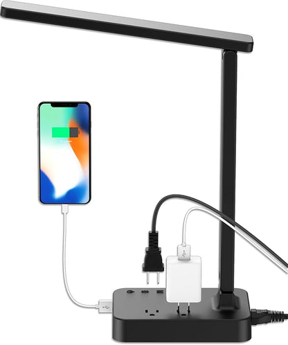 Drevet LED Desk Lamp, Desk Light with 1 USB Charging Port and 2 AC Power Outlet, 3 Lighting Modes, 3 Level Brightness,1H Timer, Touch Control, Eye-Caring Home Office Foldable Table Lamp (Black)