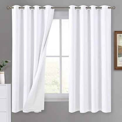 White Blackout Curtains 63 Inches Length 2 Panels Set for Bedroom, Thermal Insulated 100% Light Blocking Soundproof Grommet Window Curtains with Thick White Liner, Each 52 Inches Wide