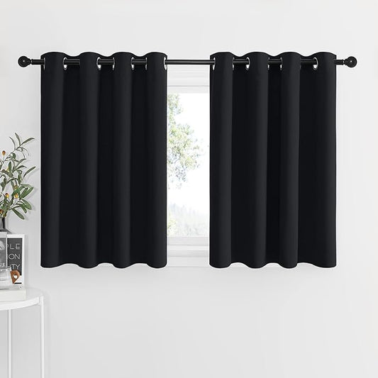 NICETOWN Blackout Drapes for Small Window - Functional Plain Grommet-Top Curtain Panels for Cafe Halloween Decor (Black, 2 Pieces per Package, W52 x L36 inches 1.2 inches Header)