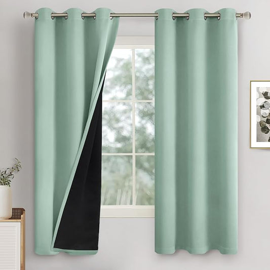 Green Blackout Curtains for Bedroom 63 Inch Long, Thermal Insulated Full Room Darkening Soundproof Sun Blocking Grommet Bedroom Window Curtains, Each 42 Inch Wide, Frosty Green