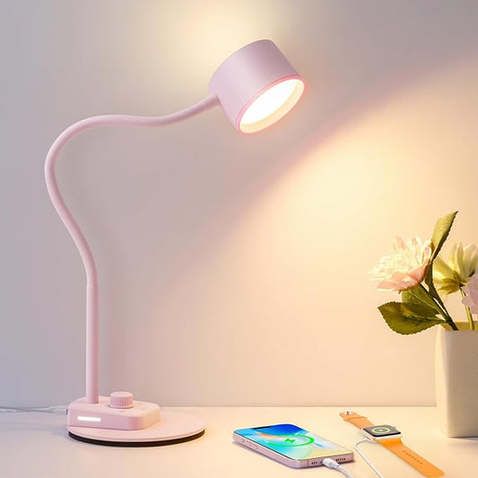 Cute Desk Lamp with USB C + A Charging Port, 5 Colors Dimmable Reading Lamps, Minimalist Pink Lamp for Kids, Eye Care Metal Bedside Table Lamp with Timer Flexible Gooseneck Desk Light for Home Office