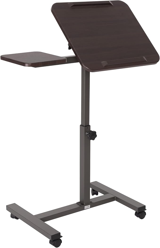 Seville Classics Airlift Height Adjustable Mobile Rolling Laptop Cart Computer Workstation Desk Home, Office, Classroom, Hospital, w/Wheels, Tilt w/Side Table (28") (New Model), Walnut