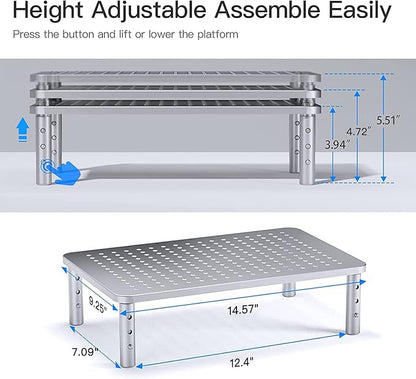 HUANUO Monitor Stand Riser - 3 Height Adjustable Monitor Stand for Laptop, Computer, iMac, PC, Printer, Desktop Ergonomic Metal Monitor Riser Stand with Mesh Platform