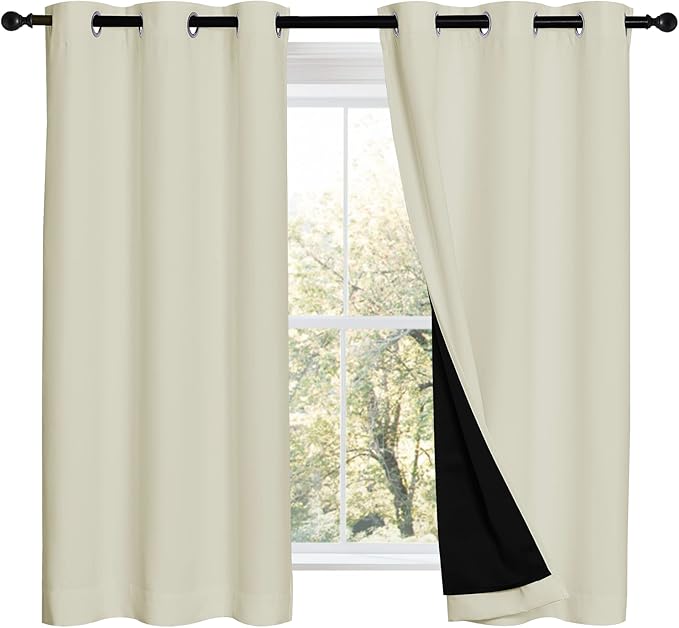 NICETOWN Warm Curtains for Winter, Bedroom Full Blackout Curtain Panels, Great Job for Blocking Light, Complete Blackout Draperies with Black Liner for Night Shift (Beige, Set of 2, 42 by 54-inch)