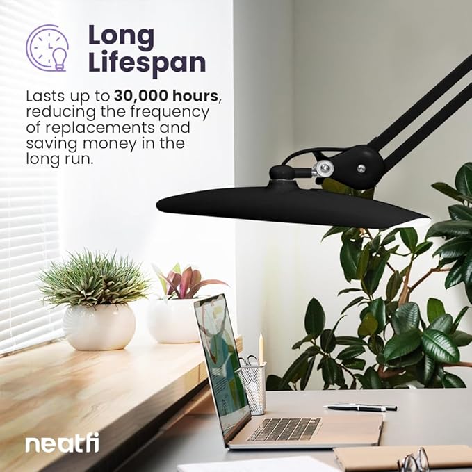 Neatfi XL 2,200 Lumens LED Desk Lamp with Clamp, 24W Bright Architect Task Lamp, 20 Inches Dimmable Computer Light, Adjustable Desk Light for Home, Office, Crafts, Nails & Hobbies (Non-CCT, Black)