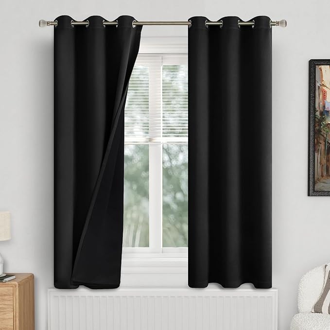 Black Blackout Curtains for Bedroom 63 Inch Length 2 Panels, Thermal Insulated Soundproof Grommet Thick Heavy Dark Drapes for Narrow Window, Each 38 Inch Wide