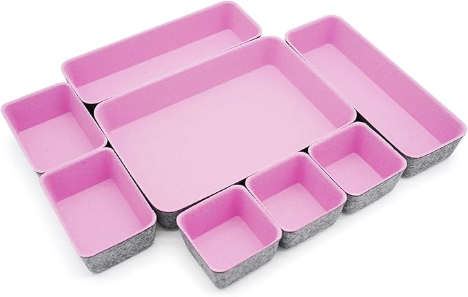 Welaxy desk drawer organizers tray dividers small shallow felt storage box sturdy soft bin for office suppliers entryway catchall key holder makeup crafts pens decluttering 8-piece (Light pink)