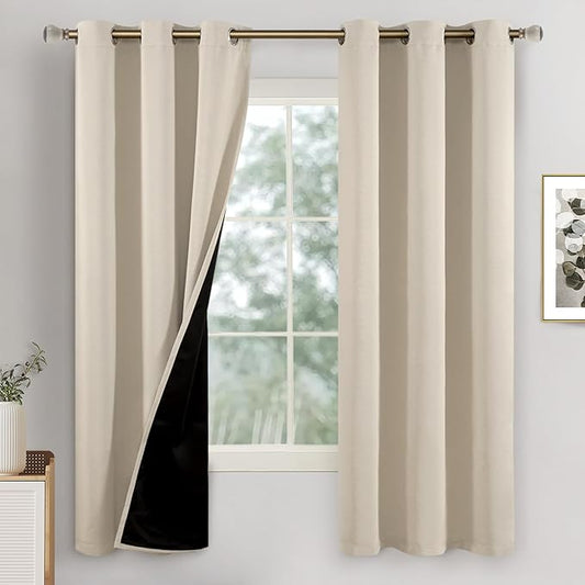 Champagne Blackout Curtains for Bedroom 63 Inch Length, Thermal Insulated 100% Light Blocking Soundproof Grommet Short Bedroom Curtains Thick Window Curtains, Each 42 Inch Wide