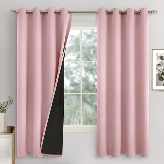 Baby Pink Blackout Curtains for Girls Bedroom 63 Inch Length 2 Panels Set, Thermal Insulated 100% Light Blocking Soundproof Grommet Window Curtains for Nursery with Liner, Each 52 Inch Wide