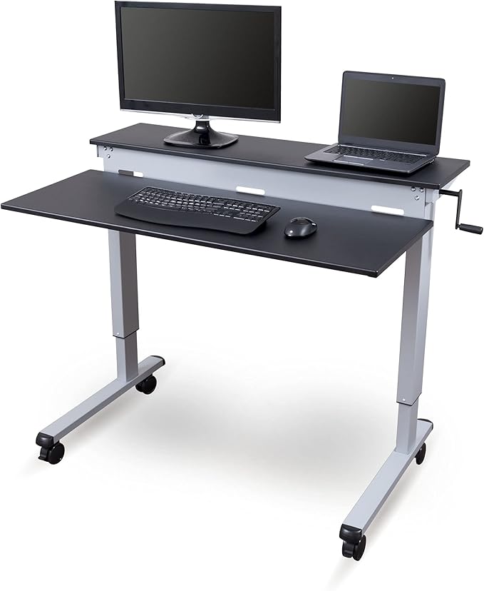 S STAND UP DESK STORE Crank Adjustable 2-Tier Standing Desk with Heavy Duty Steel Frame (Silver Frame/Black Top, 48 inch Wide