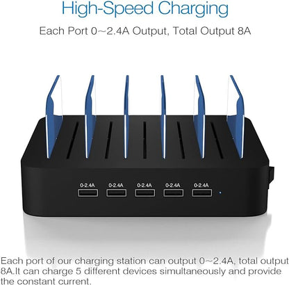 Charging Station for Multiple Devices, MSTJRY USB-A Charging Station Dock Switch Cell Phone 5 Port Charging Station, Designed for iPhone iPad Cell Phone Tablets (Black, 6 Short Cables Included)