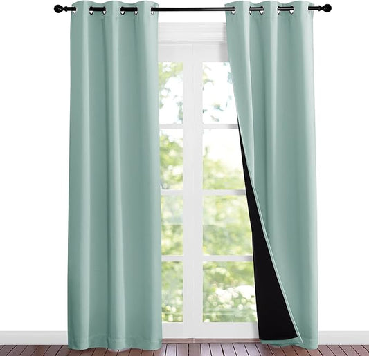 NICETOWN Aqua Blue Blackout Curtains 84 inches Long, Full Light Blocking Drapes with Black Liner for Nursery, Noise Reducing Thermal Insulated Draperies for Doorway (2 Pieces, 37" Wide Each Panel)