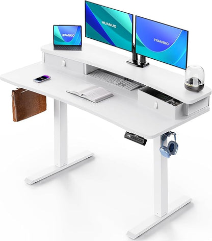 HUANUO 48″ x 24″ Electric Standing Desk with 2 Drawers, C-Clamp Mount Compatible, Height Adjustable Computer Desk, Home Office Stand Up Desk with 4 Preset Heights & 2 Hooks, White