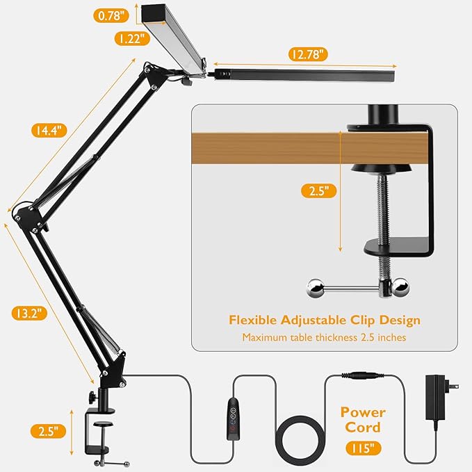 LED Desk Lamp with Clamp, Super Bright Double Head Desk Lamps for Home Office, 5 Color Modes, 10%~100% Dimmable Brightness, Architect Task Desk Light, Modern Swing Arm Workbench Desk Lighting