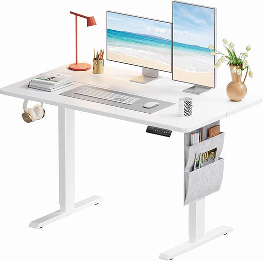 Marsail Standing Desk Adjustable Height,48"*28" Electric Standing White Desk with Storage Bag,Sit Stand up Desk for Home Office Writing Computer Desk,4 Memory Preset with Headphone Hook,Cable Manager