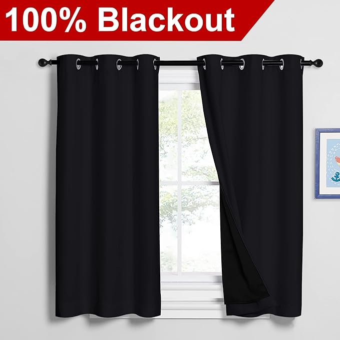 NICETOWN Black Out Curtains 54 inches Length Set of 2, 2 Thick Layers Completely Blackout Window Treatment Thermal Insulated Lined Drapes for Basement Window (42 inches Width Each Panel)