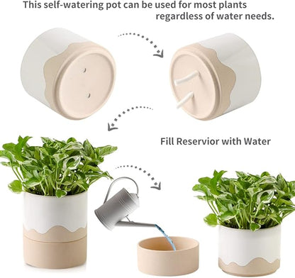 Nihow Self Watering Plant Pot: 6 Inch Ceramic Planter with Drainage Hole & Water Storage Plus for Indoor & Outdoor Plants - Cylinder Round Flower Pot for Succulent/Herbs/Violets - White & Nature