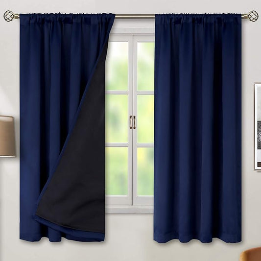 BGment Navy Blue Black-Out 63 Inch Length Curtains for Bedroom Windows with Black Liner, Double Layer Thermal Curtains Room Darkening Curtains with Rod Pocket (52 x 63 Inch, Navy Blue, 2 Panels)