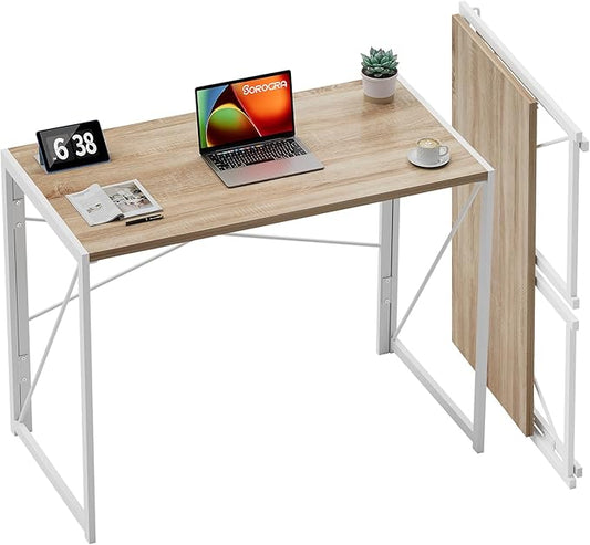 Coavas Small Folding Desk No Assembly Required Foldable Table, 31.5 inch Writing Computer Desk Space Saving Simple Home Office Desk, White Oak