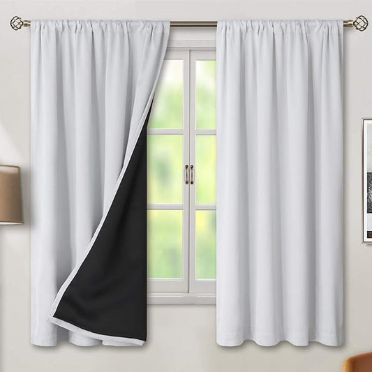 BGment Thermal Insulated 100% Blackout Curtains for Bedroom with Black Liner, Double Layer Full Room Darkening Noise Reducing Rod Pocket Curtain (42 x 63 Inch, Greyish White, 2 Panels)