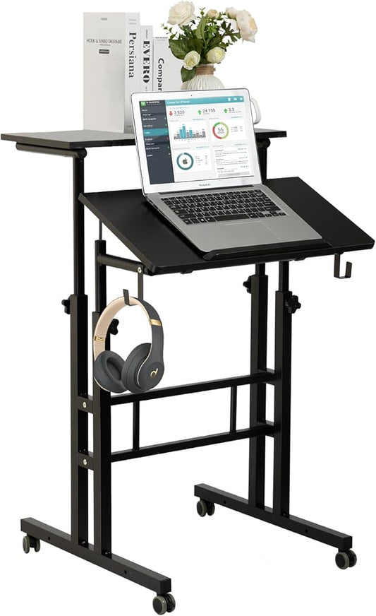 SIDUCAL Mobile Standing Desk, Portable Stand Up Desk, Small Adjustable Standing Desk Converter with Wheels Home Office Workstation, Rolling Desk Laptop Cart for Standing or Sitting, Black