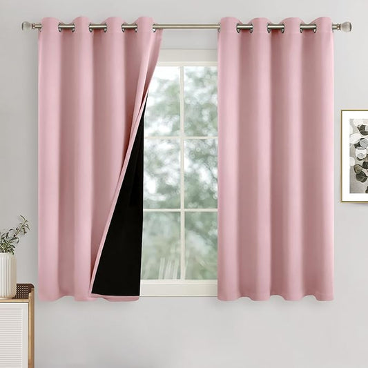 Baby Pink Blackout Curtains for Girls Bedroom 54 Inch Length 2 Panels Set, Thermal Insulated 100% Light Blocking Soundproof Grommet Window Curtains for Nursery with Liner, Each 52 Inch Wide