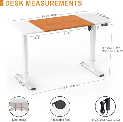 Electric Standing Desk, 55" x 23.6" Height Adjustable Sit Stand Desk with Splice Board for Home Office, Computer Desk Memory Preset (White Frame, White & Cherry Desktop)