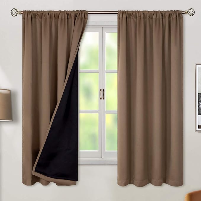 BGment Thermal Insulated 100% Blackout Curtains for Bedroom with Black Liner, Double Layer Full Room Darkening Noise Reducing Rod Pocket Curtain (42 x 63 Inch, Taupe, 2 Panels)