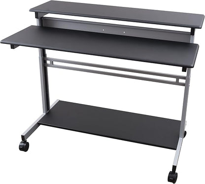 Stand Up Desk Store Rolling Adjustable Height Two Tier Standing Desk Computer Workstation (Silver Frame/Black Top, 48" Wide)