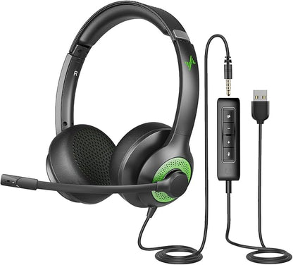 USB Headset with Mic for PC, On-Ear Computer Laptop Headphones with Noise Cancelling Microphone in-line Control for Home Office Online Class Skype Zoom (USB+3.5mm, Green)