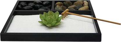 Nature's Mark Mini Zen Garden Kit for Desk with Rake, White Sand, Lotus Figure, 3 Sections Black Square Base, River Rocks and Black Rocks (9Lx9W C)