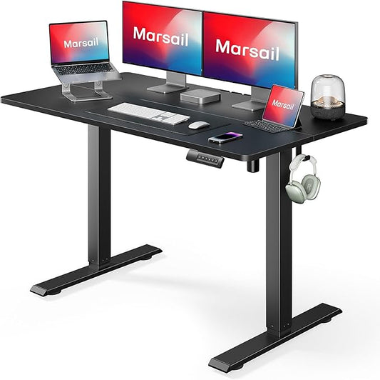 Marsail Electric Standing Desk Adjustable Height, 48 x 24 Inch Sit Stand up Desk for Home Office Furniture Computer Desk with 3 Memory Presets, Headphone Hook, Black