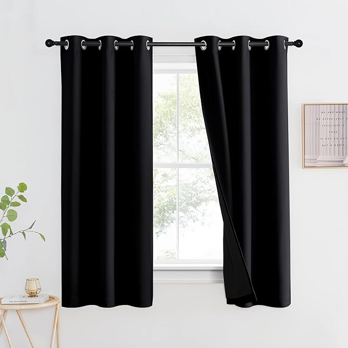 NICETOWN Complete 100% Blackout Curtain, Thermal Insulated & Energy Efficiency Window Drapery with Black Liner, Noise Reducing Short Curtain for Kids Room (Black, 42-inch W by 63-inch L, 1 Panel)