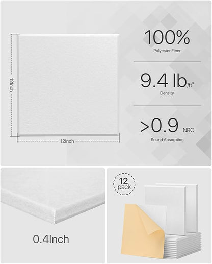 Soundproof Wall Panels Self-Adhesive, Square Acoustic Panels Sound Absorbing, High Density Sound Proof Foam Panels for Home Office, Reccording Studio, Ceiling 12" X 12" X 0.4" White