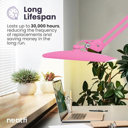 Neatfi XL 2,200 Lumens LED Task Lamp, 24W Super Bright Desk Lamp, 117 Pcs SMD LED, 4 Level Brightness, Dimmable, Task LED Light for Home, Office, Workbench (CCT, Pink)