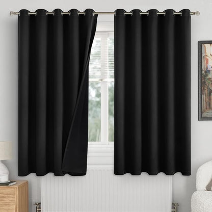 Extra Wide 100% Blackout Curtains for Bedroom 63 Inch Length 2 Panels Set, Thermal Insulated Full Light Blocking Soundproof Grommet Window Curtains for Living Room, Each 60 Inch Wide, Black