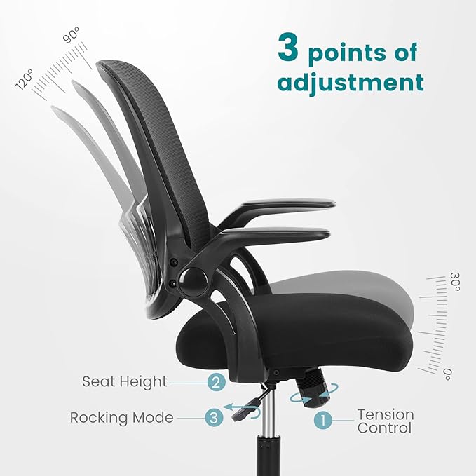 SMUG Office Computer Desk Chair, Ergonomic Mid-Back Mesh Rolling Work Swivel Task Chairs with Wheels, Comfortable Lumbar Support, Comfy Flip-up Arms for Home, Bedroom, Gaming, Study, Student, Black