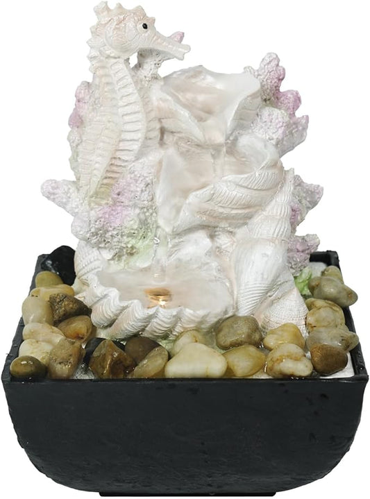 Ferrisland 3-Tier Tabletop Fountain Indoor, White Pink Resin Seahorse and Shell Water Fountain with LED Lights & Adjustable Pump & Rocks, 7" H Lightweight Mini Waterfall for Home and Office Decoration