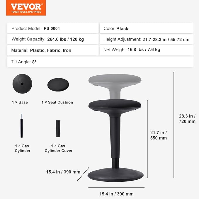 VEVOR Wobble Chair, Height-Adjustable (21.7-28.3") Active Chair, Flexible Seating Wobble Stool Made of Iron Improves Focus & Posture, Ideal for Schools, Office and Home, 8° Tilt Angle, Age 12-18 Black